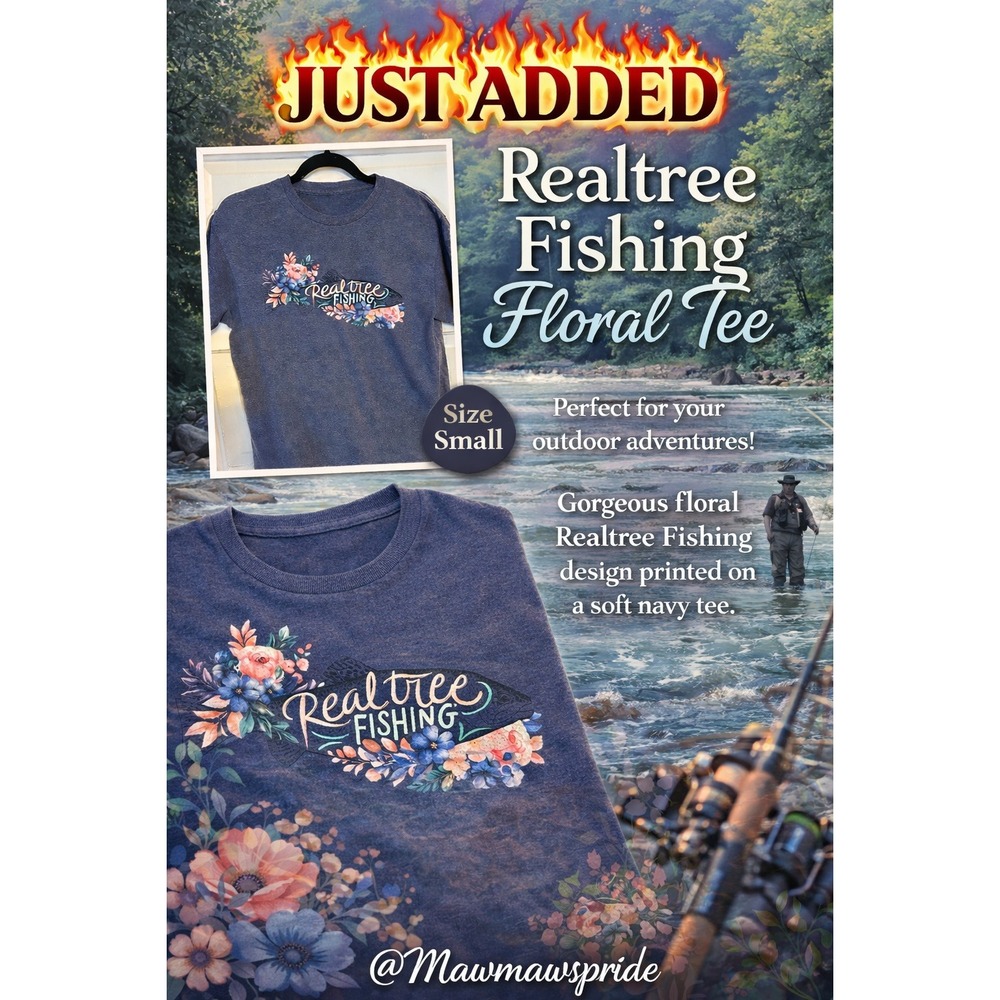Realtree Fishing Floral Fish‎ Graphic Tee Navy Blue Heather Short Sleeve Small
